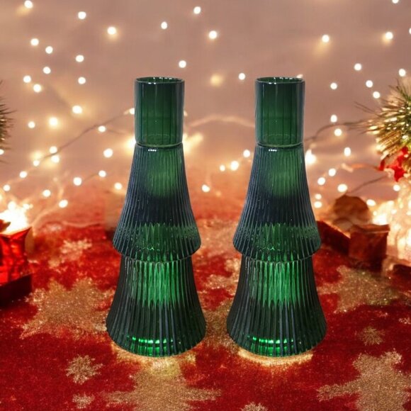 Christmas Tree Tapered Candle Holders - Set of 2 - Forest Green Glass - Picture 1 of 5